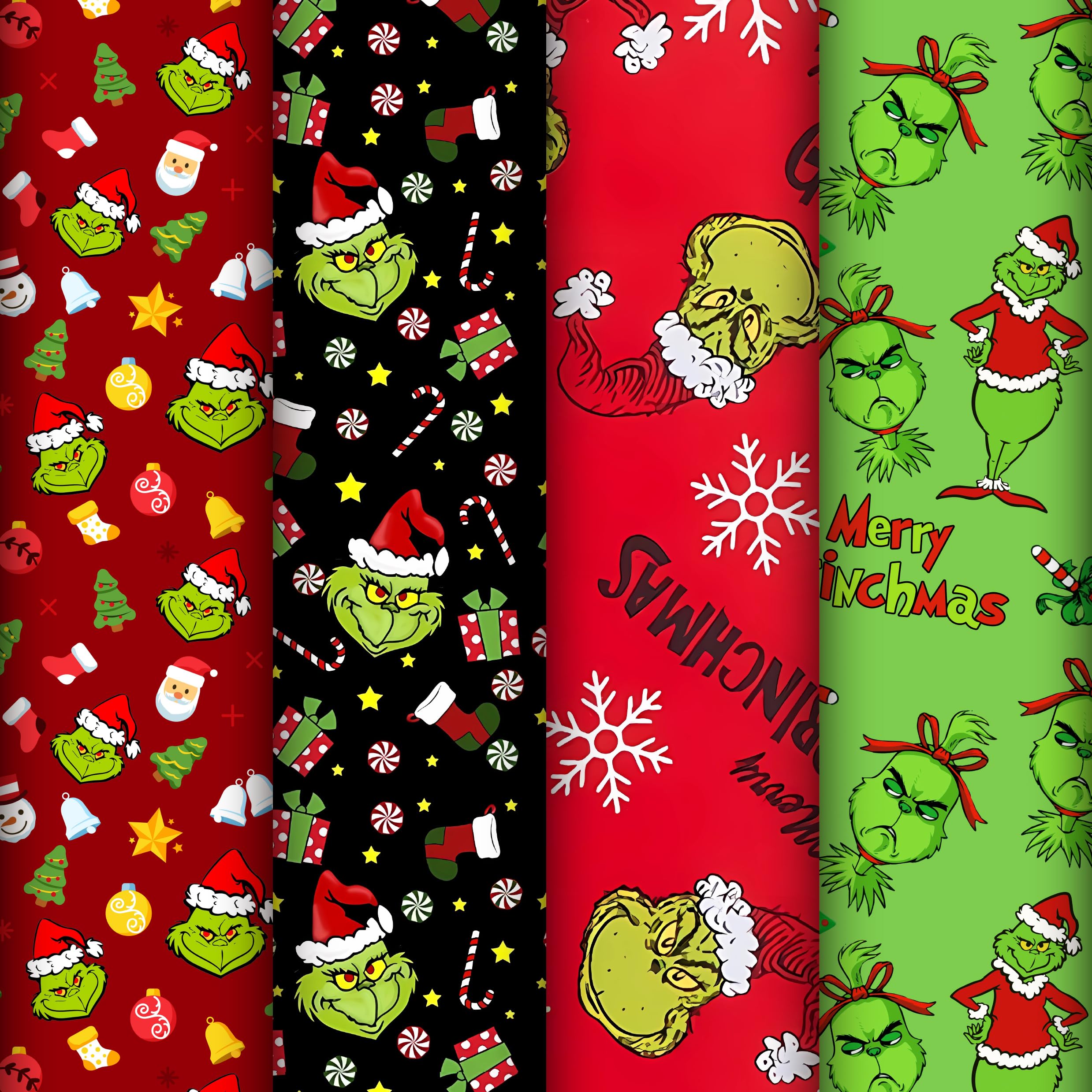 QANPE 12 Sheets Folded Christmas Wrapping Paper Funny Cartoon Red Green Xmas Holiday Wrapping Paper Merry Christmas Art Paper for DIY Birthday New Year Gift Packing Decor, 19.7 x 27.6