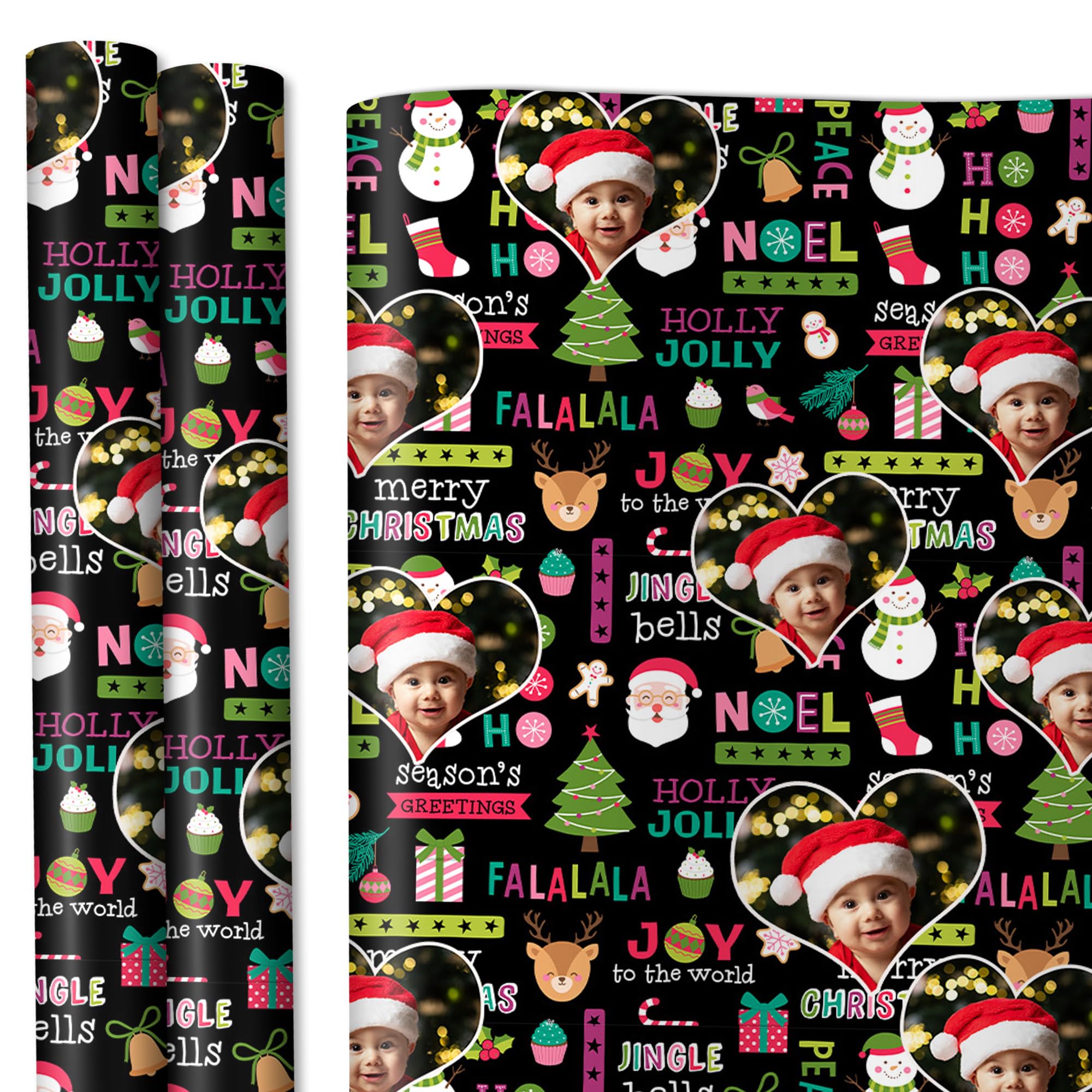 Jaydouble Custom Christmas Wrapping Paper Rolls for Adult Kids Customized Gift Wrap Paper for Boys Girls Personalized Photo Wrapping Paper for Son Daughter Black Wrapping Paper 58"x 23"