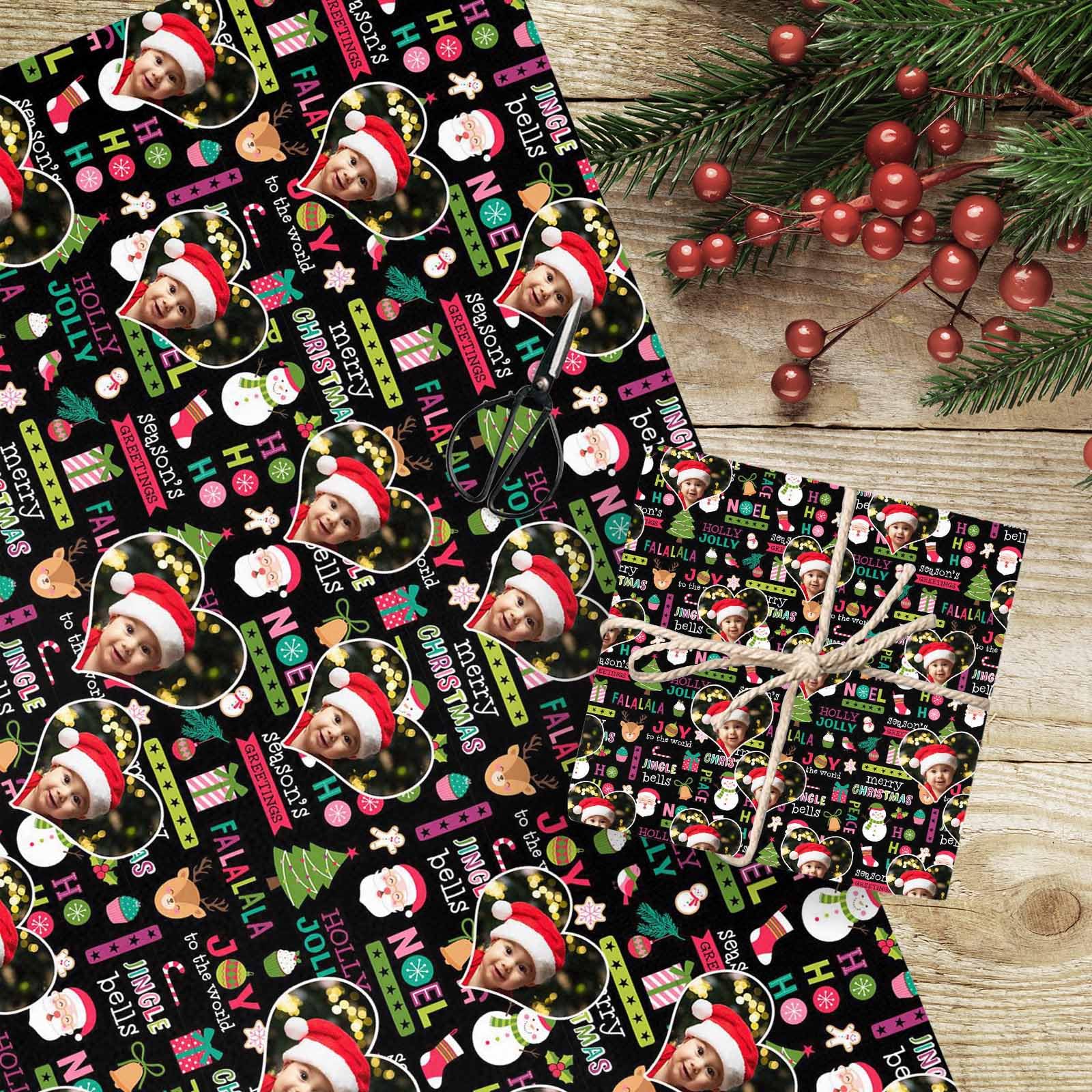 Jaydouble Custom Christmas Wrapping Paper Rolls for Adult Kids Customized Gift Wrap Paper for Boys Girls Personalized Photo Wrapping Paper for Son Daughter Black Wrapping Paper 58"x 23"
