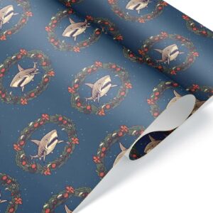 Shark Wreath Christmas Wrapping Paper, Christmas Holiday Gift Wrap, Ocean Animal Theme Party Decor (20 inch x 30 inch sheet)