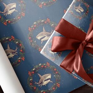 Shark Wreath Christmas Wrapping Paper, Christmas Holiday Gift Wrap, Ocean Animal Theme Party Decor (20 inch x 30 inch sheet)