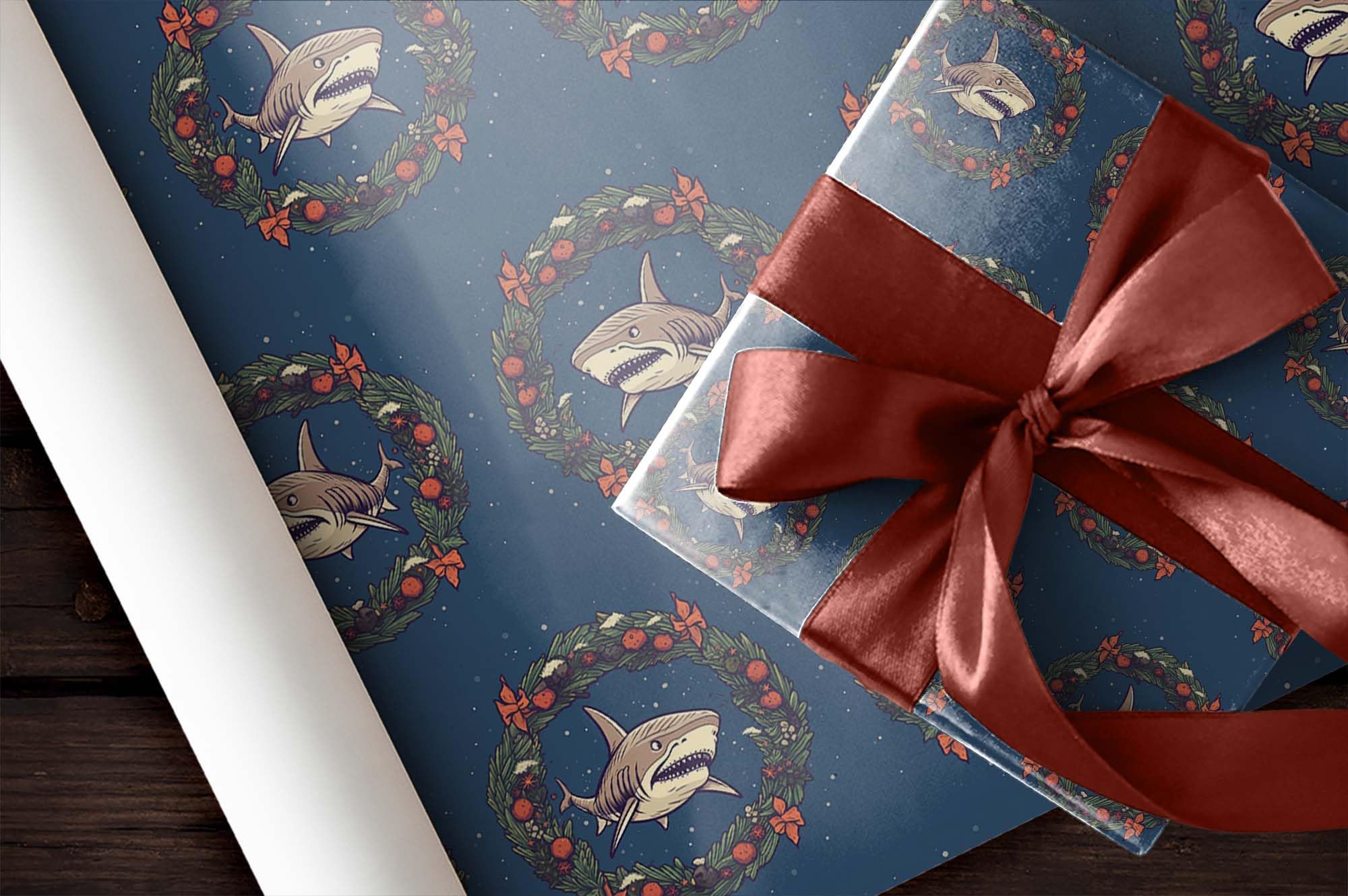 Shark Wreath Christmas Wrapping Paper, Christmas Holiday Gift Wrap, Ocean Animal Theme Party Decor (20 inch x 30 inch sheet)