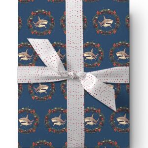 Shark Wreath Christmas Wrapping Paper, Christmas Holiday Gift Wrap, Ocean Animal Theme Party Decor (20 inch x 30 inch sheet)