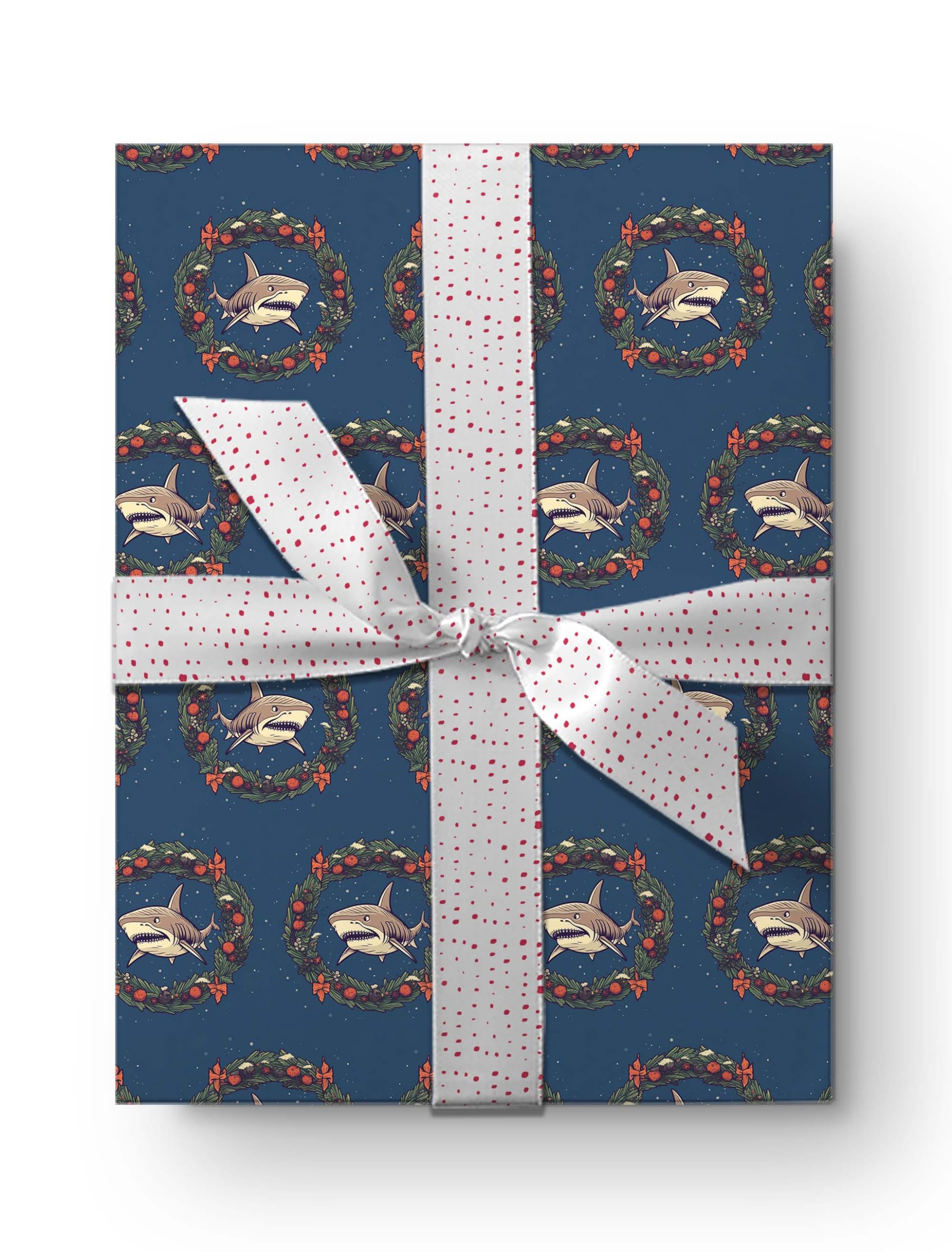 Shark Wreath Christmas Wrapping Paper, Christmas Holiday Gift Wrap, Ocean Animal Theme Party Decor (20 inch x 30 inch sheet)