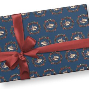 Shark Wreath Christmas Wrapping Paper, Christmas Holiday Gift Wrap, Ocean Animal Theme Party Decor (20 inch x 30 inch sheet)