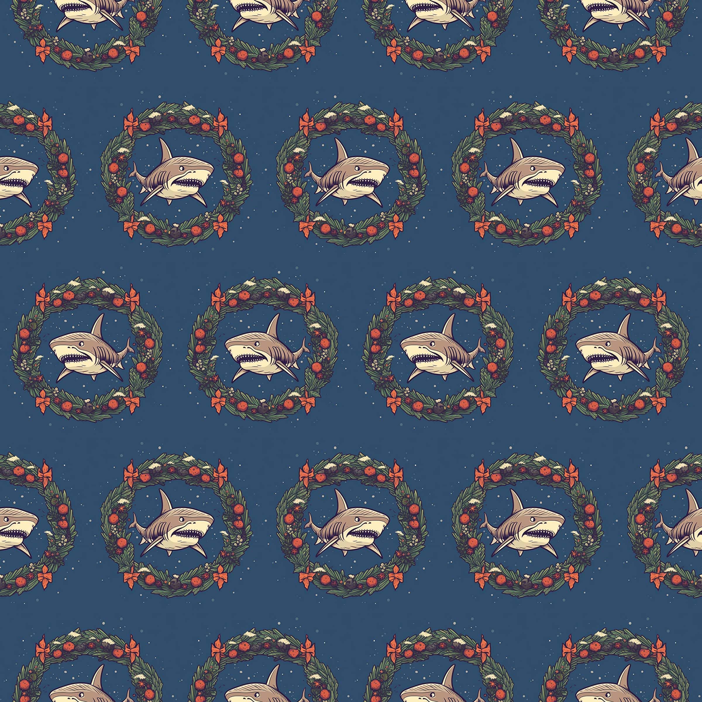 Shark Wreath Christmas Wrapping Paper, Christmas Holiday Gift Wrap, Ocean Animal Theme Party Decor (20 inch x 30 inch sheet)