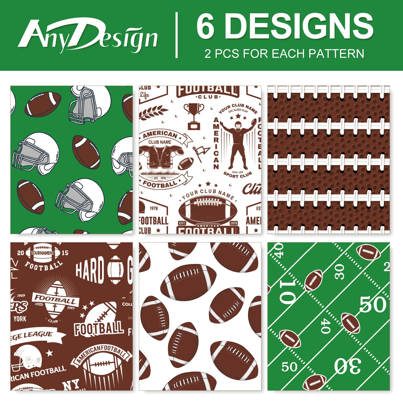 AnyDesign 12 Sheet Rugby Wrapping Paper Football Helmet Gift Wrap Paper Bulk White Green Brown Art Paper for DIY Crafts Sport Events Wedding Birthday Gift Packing, 19.7 x 27.6 Inch, Folded Flat