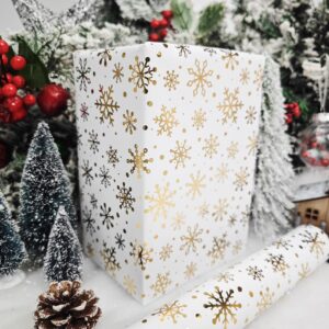 LDGOOAEL Mini Short Small Christmas Wrapping Paper Roll (17" X 120") - Gold Foil Snowflakes on White