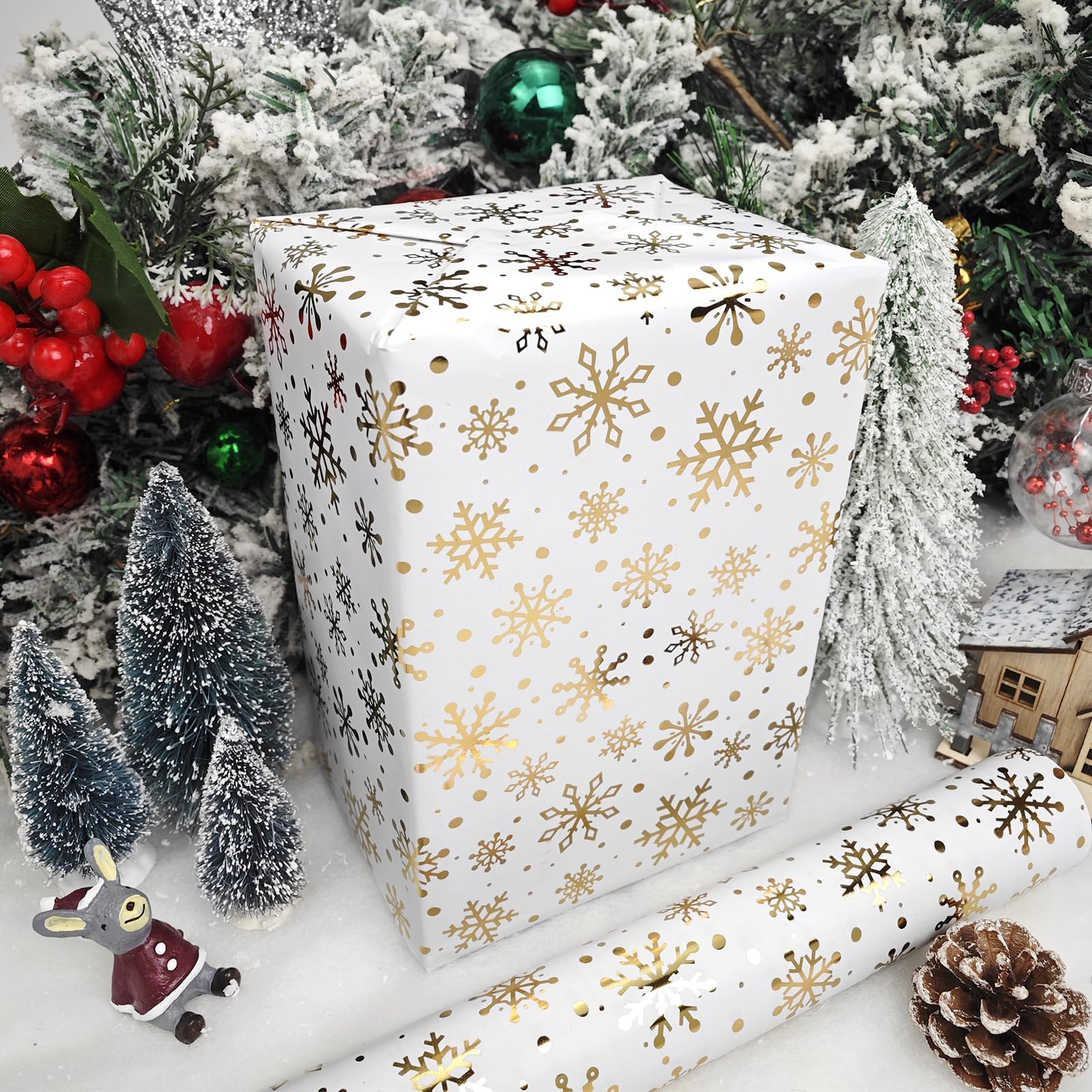 LDGOOAEL Mini Short Small Christmas Wrapping Paper Roll (17" X 120") - Gold Foil Snowflakes on White