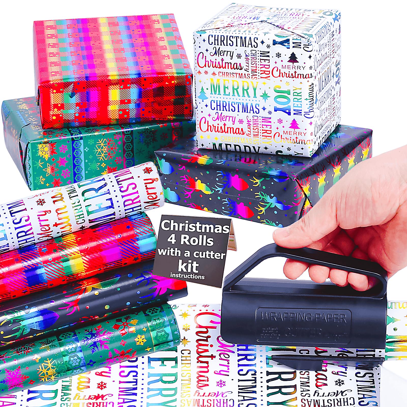 THMORT Christmas Wrapping Paper 4 Rolls with a Wrapping paper Cutter Kit for Boys&Girls,Adults,Kids Colorful Foil Mini Rolls 17 Inch X 120 Inch Gift Wrapping Paper Roll for Merry Christmas