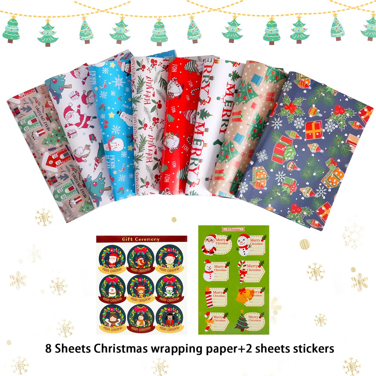 KESTAR Christmas Wrapping Paper, Flat 8 Sheets Christmas Wrapping Paper Set for Kids Women Men, Recycled Gift Wrapping Paper Sheets for Xmas New Year Holiday Party, 20×28inch Each