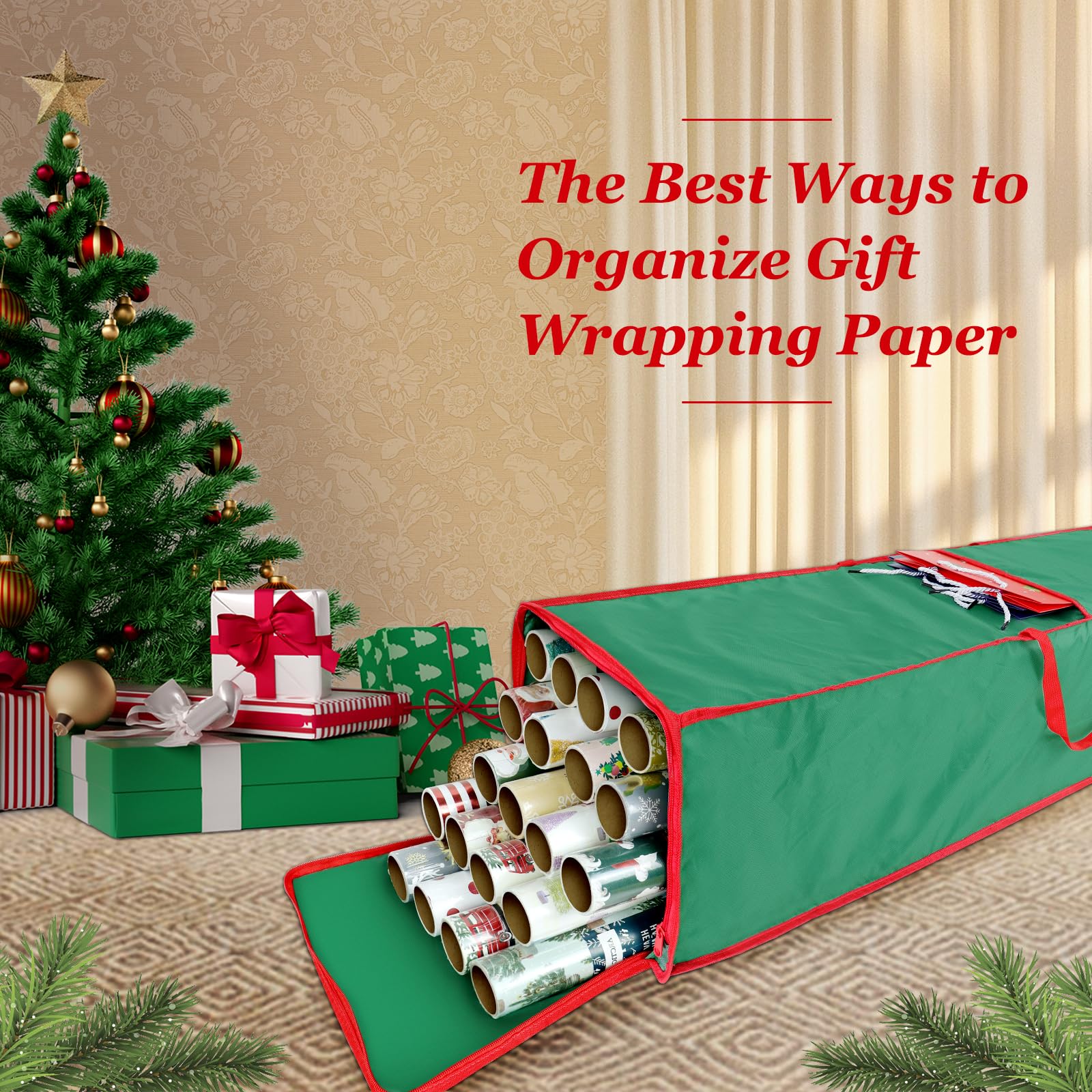 bruwaa Christmas Gift Wrapping Paper Organizer Storage Bag Containers, 41 Inch Gift Wrapping Organizer Storage, Stores up to 20 Standard Rolls - Green