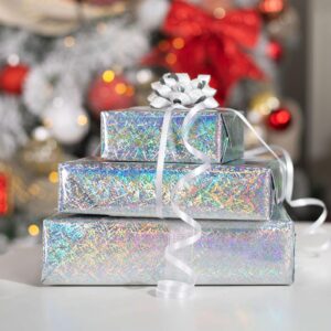 Homeral Mini Holographic Wrapping Paper Roll-46.8sqft(17inch*32.8ft) Silver Shine Stripe Line for Christmas, Birthday, Wedding, Baby Shower, Bridal Shower, Graduate Party, Valentine's Day