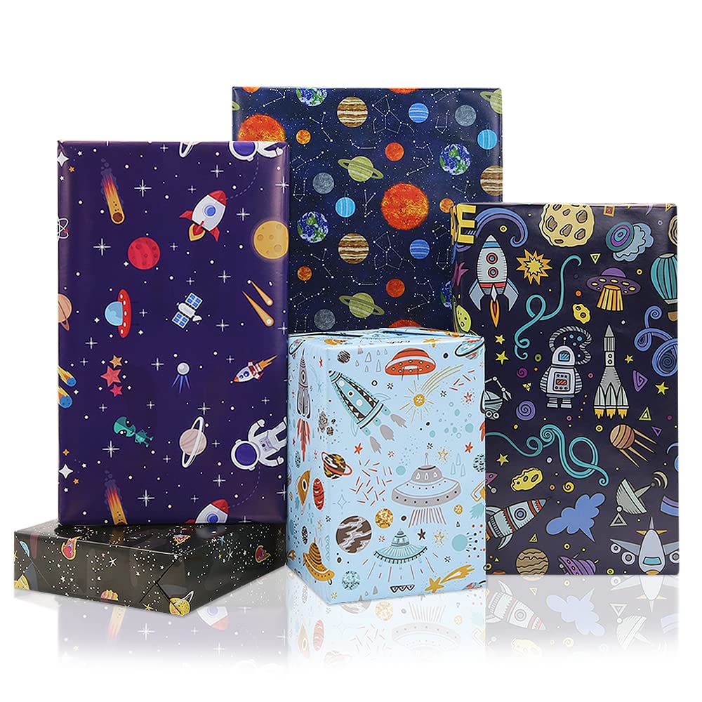 Geluode Birthday Wrapping Paper For Kids Boys Girls Space Lover, Outer Space Wrapping Paper for Birthday Baby Shower Kindergarten Party, 5 Styles Total 10 Sheets Folded Flat 20x28 Inches Per Sheet