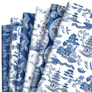 AnyDesign 12 Sheet Blue White Chinoiserie Pattern Wrapping Paper China Elements Gift Wrap Paper Bulk Oriental Art Paper for Birthday Daily Wedding Gift Packing Supplies, Folded Flat, 19.7 x 27.6 Inch