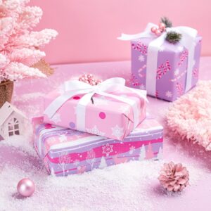 WRAPAHOLIC Christmas Wrapping Paper Roll - Mini Roll - 3 Rolls - 17 Inch X 120 Inch Per Roll - Pastel Pink and Purple Reindeer, Candy Cane with JOY, Snowflake Holiday Collection