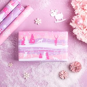 WRAPAHOLIC Christmas Wrapping Paper Roll - Mini Roll - 3 Rolls - 17 Inch X 120 Inch Per Roll - Pastel Pink and Purple Reindeer, Candy Cane with JOY, Snowflake Holiday Collection