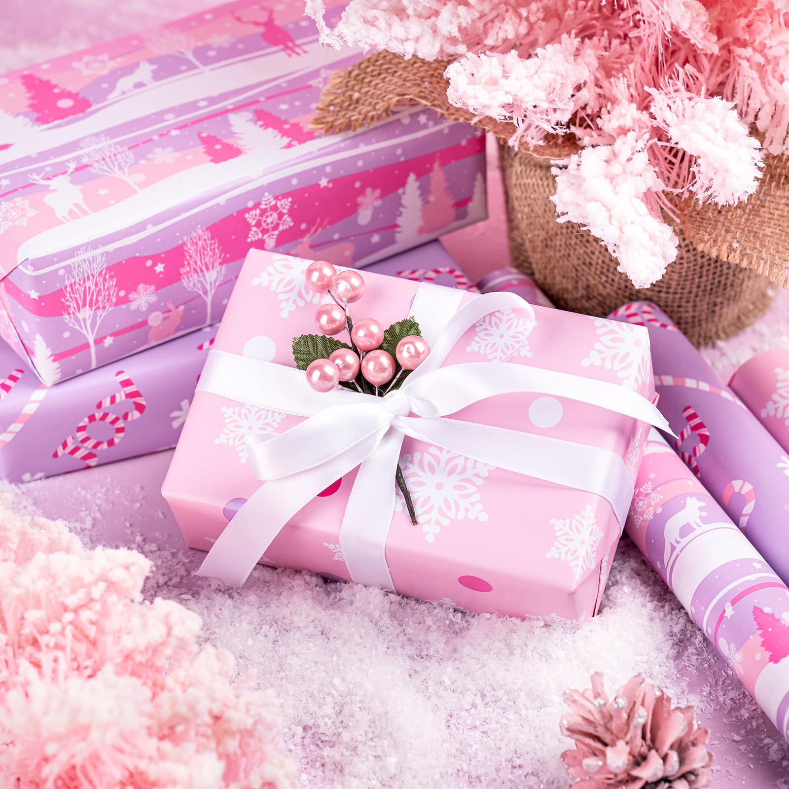 WRAPAHOLIC Christmas Wrapping Paper Roll - Mini Roll - 3 Rolls - 17 Inch X 120 Inch Per Roll - Pastel Pink and Purple Reindeer, Candy Cane with JOY, Snowflake Holiday Collection