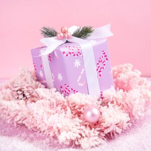 WRAPAHOLIC Christmas Wrapping Paper Roll - Mini Roll - 3 Rolls - 17 Inch X 120 Inch Per Roll - Pastel Pink and Purple Reindeer, Candy Cane with JOY, Snowflake Holiday Collection