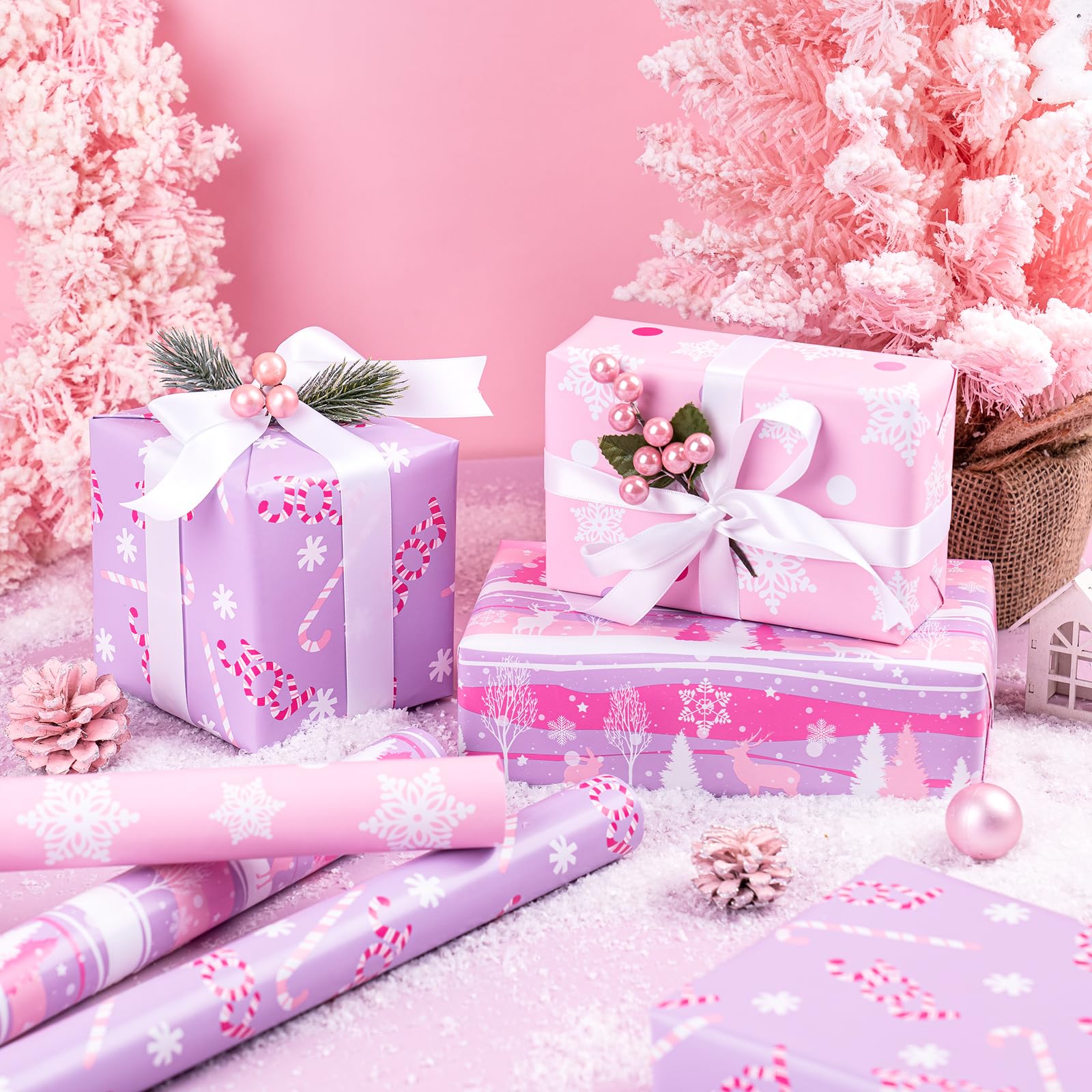 WRAPAHOLIC Christmas Wrapping Paper Roll - Mini Roll - 3 Rolls - 17 Inch X 120 Inch Per Roll - Pastel Pink and Purple Reindeer, Candy Cane with JOY, Snowflake Holiday Collection