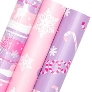 WRAPAHOLIC Christmas Wrapping Paper Roll - Mini Roll - 3 Rolls - 17 Inch X 120 Inch Per Roll - Pastel Pink and Purple Reindeer, Candy Cane with JOY, Snowflake Holiday Collection