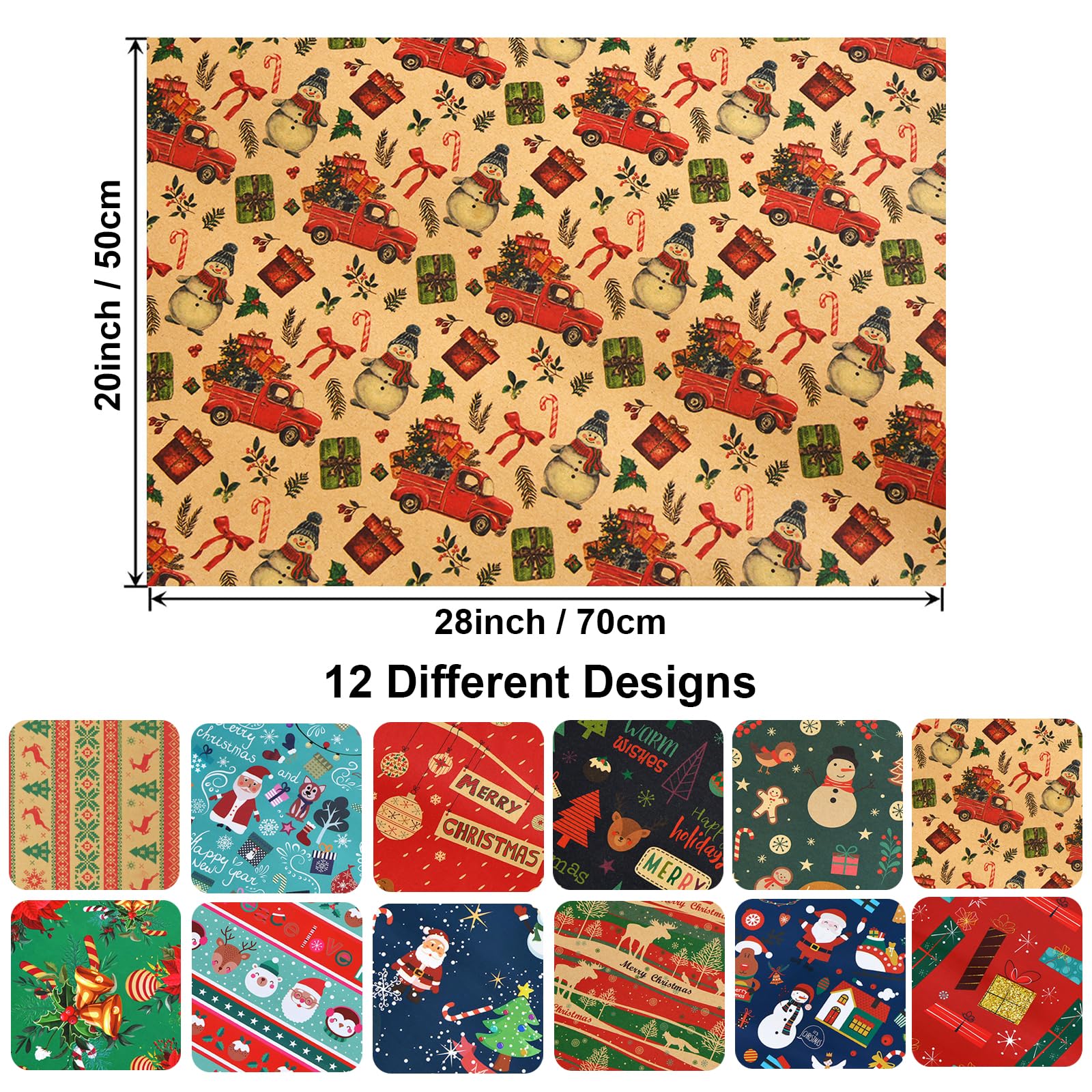 DIYCICO 12 Sheets Christmas Wrapping Paper Holiday Woodland Gift Scene with Christmas Tree, Snowflakes, Red Truck, Santa Claus, snowman, 28 x 20 Inch, Heavy Thicker Folded Flat Paper (Not Rolled)