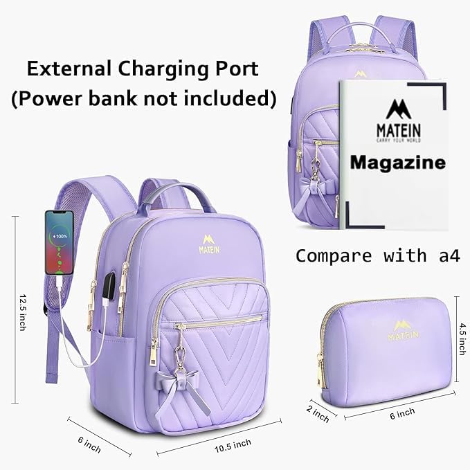 MATEIN Womens Backpack Purse, Fashion Cute Bowknot Mini Backpack Purse with USB Charging Port, Waterproof Stylish Multipurpose Design Casual Daily Travel Backpack Ladies Handbags, 2pcs Sets, Purple