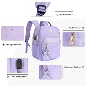 MATEIN Womens Backpack Purse, Fashion Cute Bowknot Mini Backpack Purse with USB Charging Port, Waterproof Stylish Multipurpose Design Casual Daily Travel Backpack Ladies Handbags, 2pcs Sets, Purple