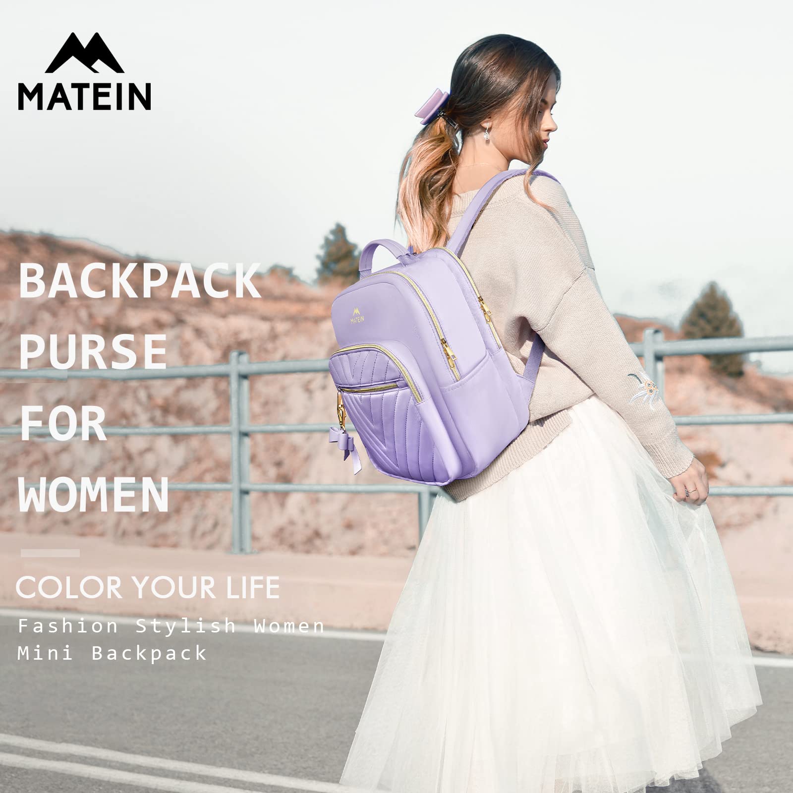 MATEIN Womens Backpack Purse, Fashion Cute Bowknot Mini Backpack Purse with USB Charging Port, Waterproof Stylish Multipurpose Design Casual Daily Travel Backpack Ladies Handbags, 2pcs Sets, Purple