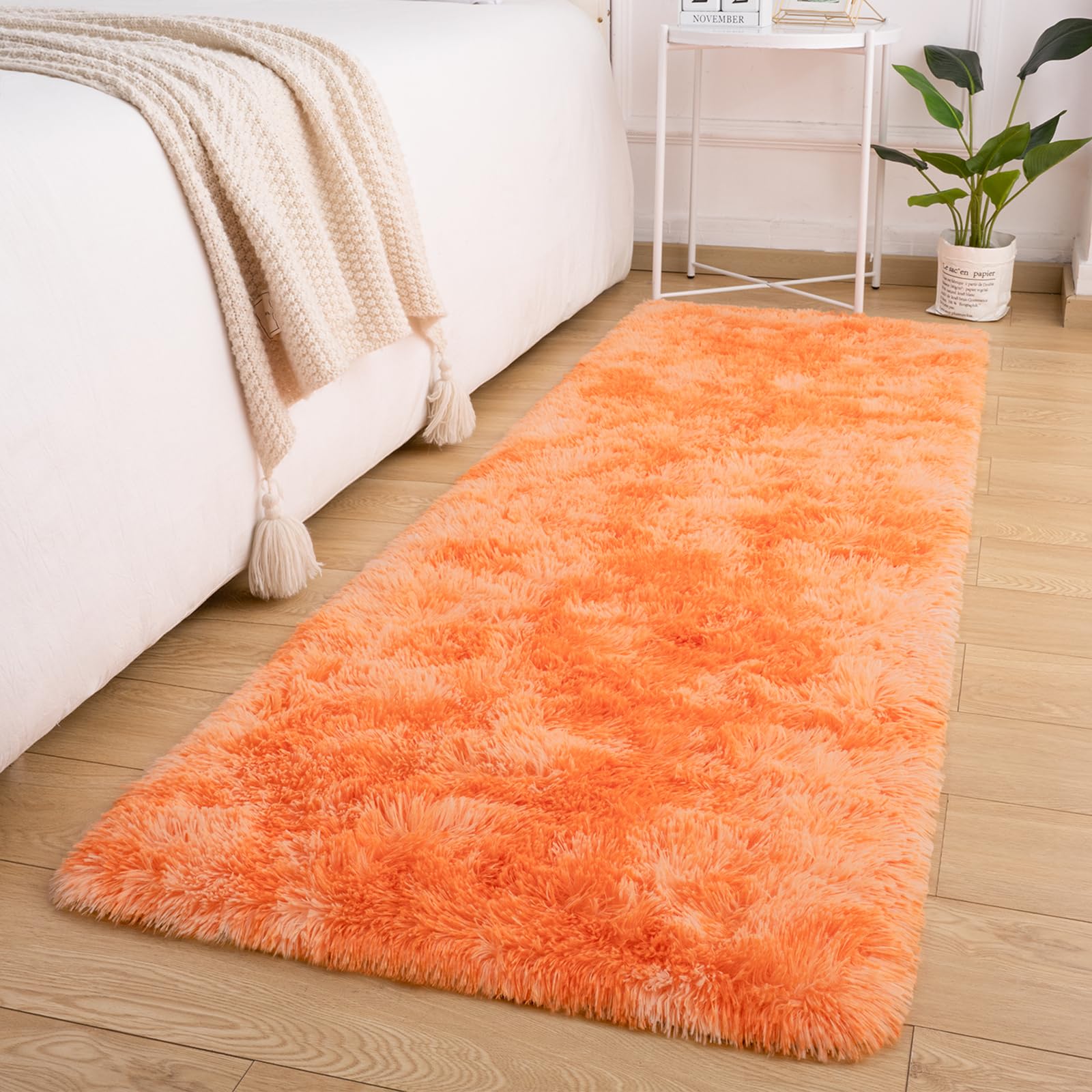 Softlife Area Rug for Bedroom, 2x6 Feet Runner Rug Plush Fluffy Rug for Living Room, Tie-Dyed Orange Shag Rug for Aesthetic Christmas Room Decor, Modern Fuzzy Faux Fur Carpet for Kids Nursery Room