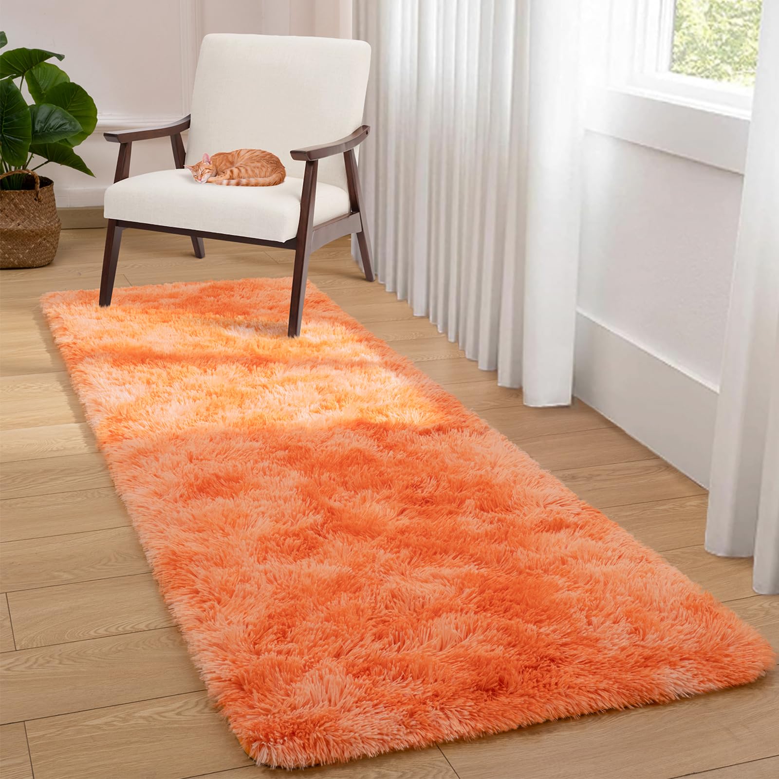 Softlife Area Rug for Bedroom, 2x6 Feet Runner Rug Plush Fluffy Rug for Living Room, Tie-Dyed Orange Shag Rug for Aesthetic Christmas Room Decor, Modern Fuzzy Faux Fur Carpet for Kids Nursery Room