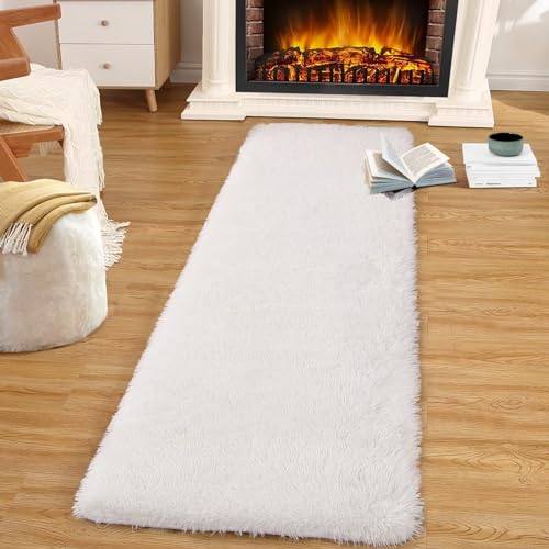 Zacoo Runner Rug for Bedroom 2x6 Soft Fluffy Area Rugs Shaggy Throw Carpet for Hallway Bedside Non Slip Plush Furry Floor Cover for Entryway Nursery Kids Room Living Room Decor, White