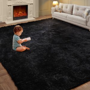 8x10 feet shag area rugs, large shag fluffy bedroom carpet, soft rugs for nursery, furry rugs for girls boys kids room, extra large fuzzy rug, shag carpet, black