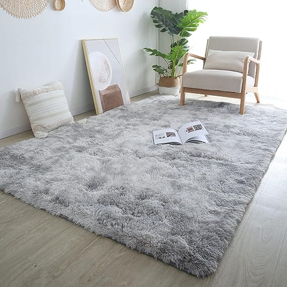 Grey Shag Area Rug 9x12 - Large Soft Fluffy Plush Grey Rugs for Bedroom Living Room - Non Slip Modern Shaggy Fuzzy Floor Carpet,Tie-dyed Light Gray,