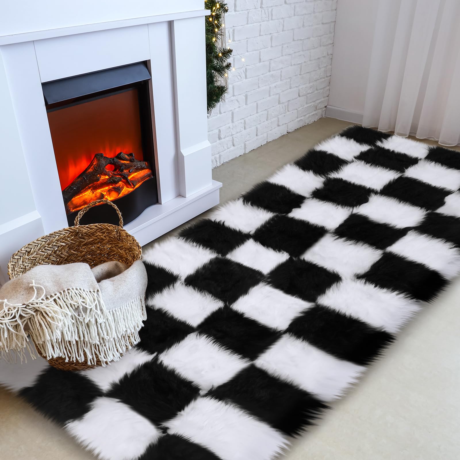 Timgle Checkered Area Rug for Living Room Shag Fuzzy Checkered Rug for Bedroom Shaggy Rug 3 Layer Fluffy Thick Washable Checkered Carpet for Teen Student Dorm Boys Girls Room(Black White, 2 x 6 ft)