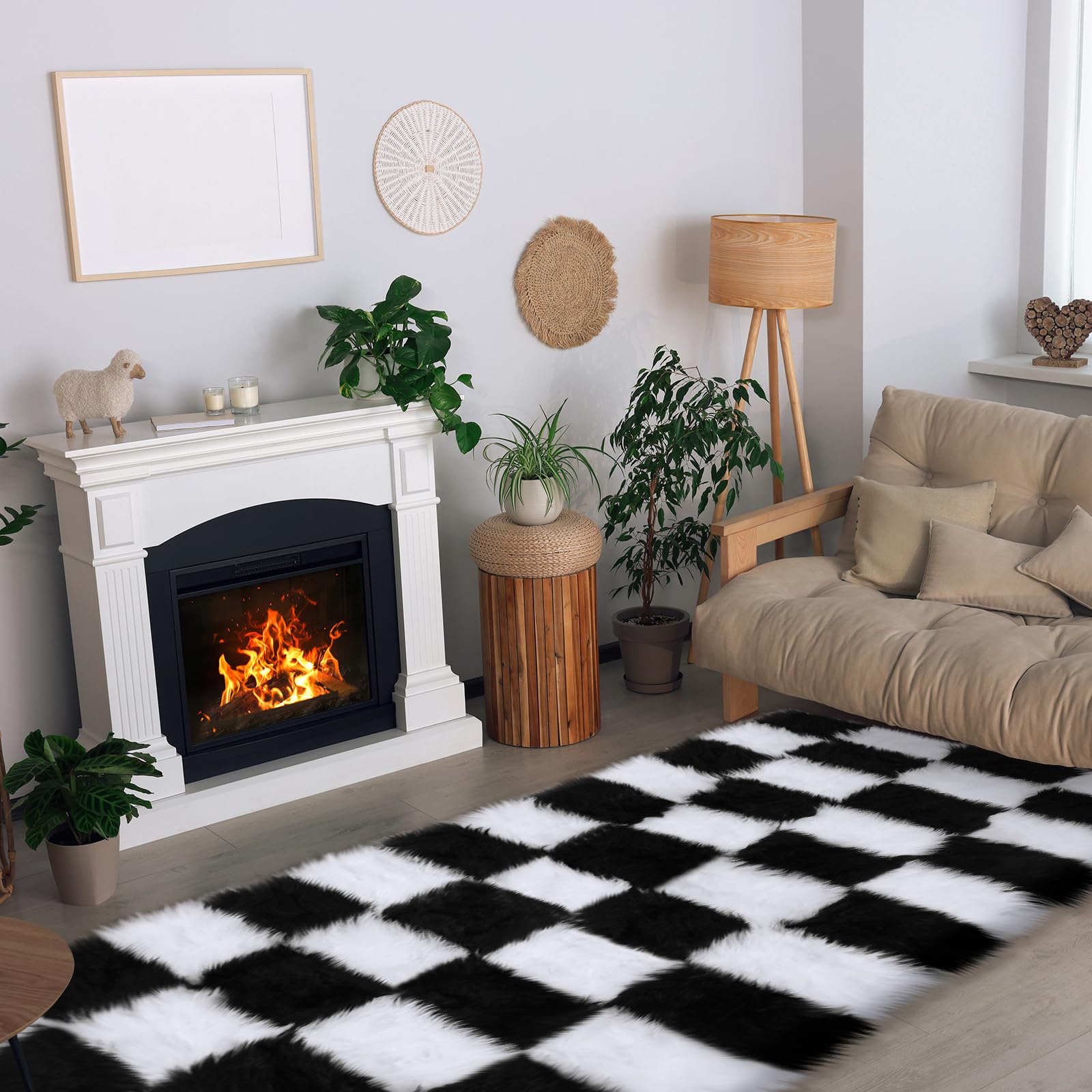 Timgle Checkered Area Rug for Living Room Shag Fuzzy Checkered Rug for Bedroom Shaggy Rug 3 Layer Fluffy Thick Washable Checkered Carpet for Teen Student Dorm Boys Girls Room(Black White, 2 x 6 ft)