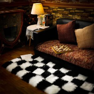 Timgle Checkered Area Rug for Living Room Shag Fuzzy Checkered Rug for Bedroom Shaggy Rug 3 Layer Fluffy Thick Washable Checkered Carpet for Teen Student Dorm Boys Girls Room(Black White, 2 x 6 ft)