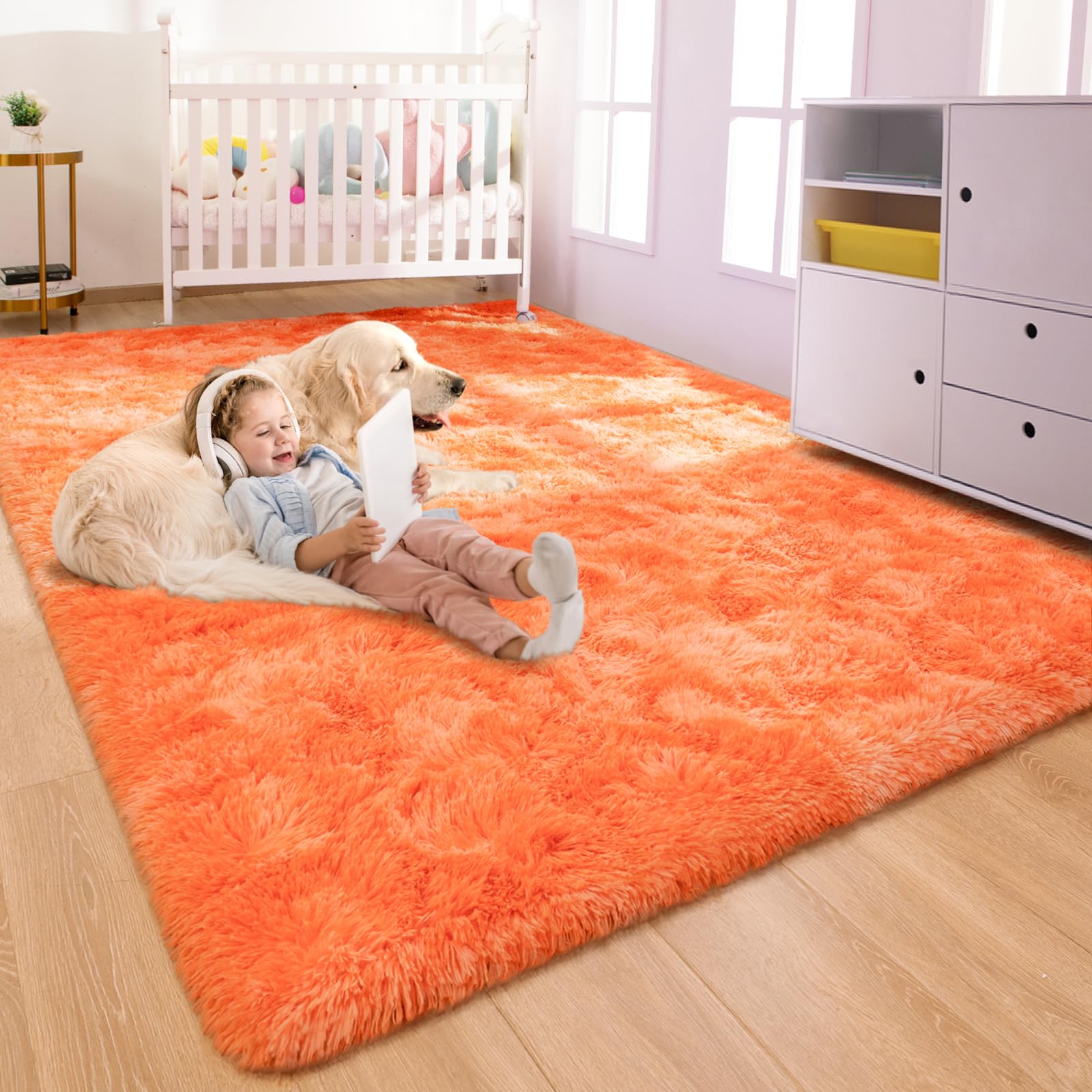 Rtizon Fluffy Rugs for Girls Bedroom, 3x5 Feet Soft Shaggy Orange Area Rug for Kids Playroom Living Room Dorm, Kawaii Tie-Dye Princess Rug for Baby Toddler Nursery