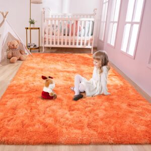 Rtizon Fluffy Rugs for Girls Bedroom, 3x5 Feet Soft Shaggy Orange Area Rug for Kids Playroom Living Room Dorm, Kawaii Tie-Dye Princess Rug for Baby Toddler Nursery