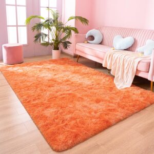 Rtizon Fluffy Rugs for Girls Bedroom, 3x5 Feet Soft Shaggy Orange Area Rug for Kids Playroom Living Room Dorm, Kawaii Tie-Dye Princess Rug for Baby Toddler Nursery