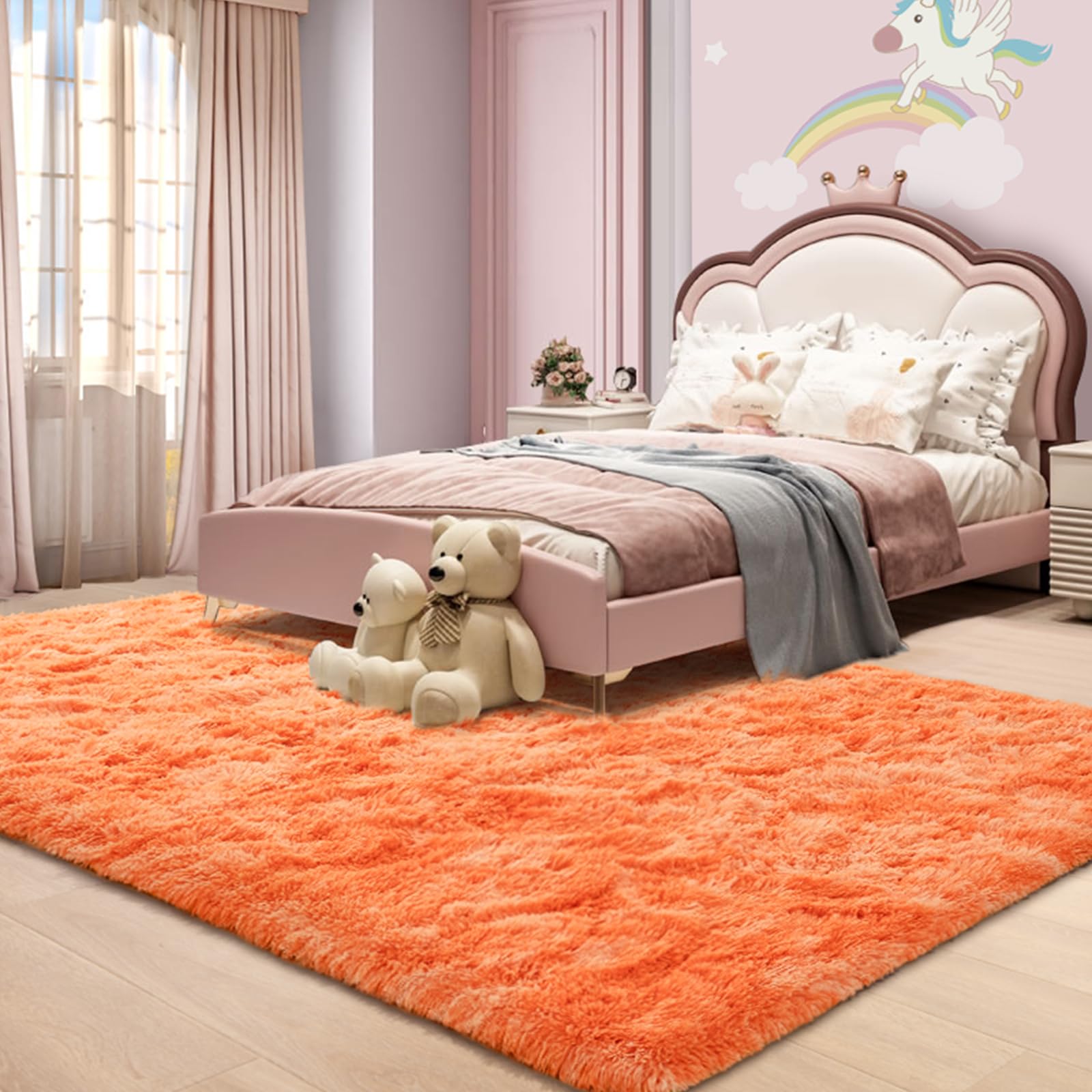 Rtizon Fluffy Rugs for Girls Bedroom, 3x5 Feet Soft Shaggy Orange Area Rug for Kids Playroom Living Room Dorm, Kawaii Tie-Dye Princess Rug for Baby Toddler Nursery