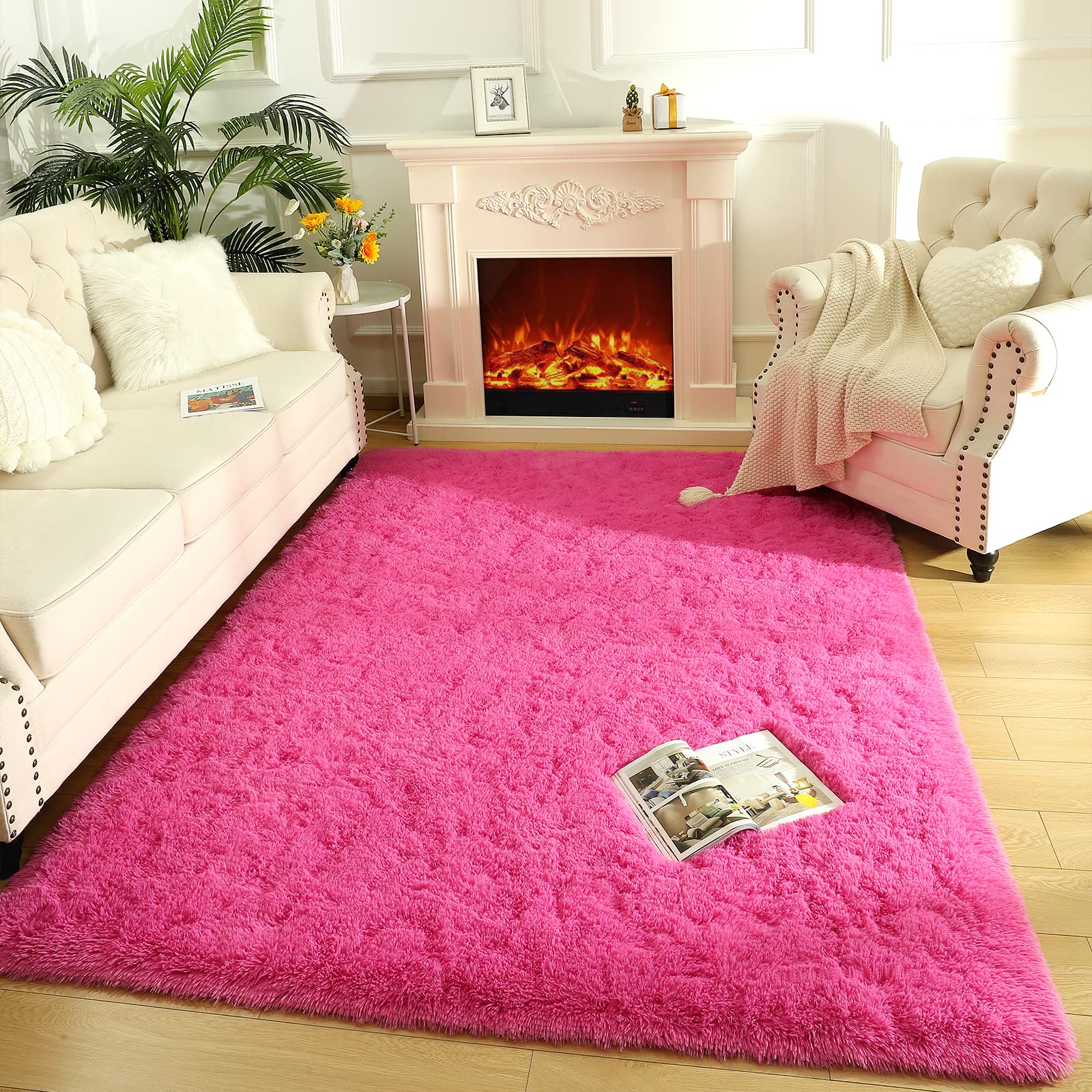 LOCHAS Ultra Soft Indoor Modern Area Rugs Fluffy Living Room Carpets for Children Bedroom Home Decor Nursery Rug 8x10 Feet, Hot Pink