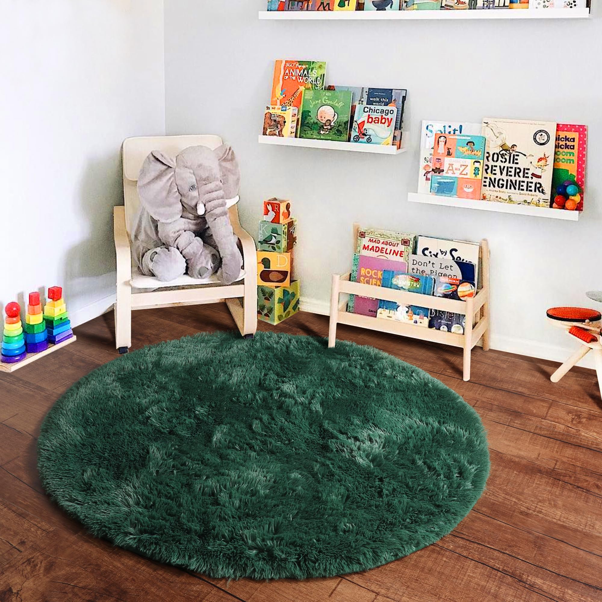 PAGISOFE Dark Green 4x4 Round Rug for Boys Bedroom,Soft Circle Fluffy Rugs for Kids Teen Room,Circular Plush Indoor Rug for Playroom,Emerald Green Rug,Shaggy Floor Rug for Classroom Reading Nook