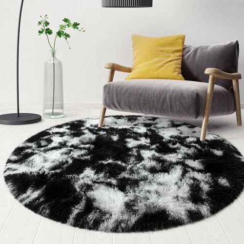 EVOIONOS Round Black and White Rug, Fluffy Circle Rug 4x4 Feet for Kids Room, Shaggy Plush Circular Carpet for Bedroom, Soft Non Slip Floor Mat, Cute Tie Dye Rug, Furry Small Rug for Home Room Decor