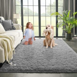 kimicole grey area rug for bedroom living room carpet home decor, upgraded 7x10 cute fluffy rug for apartment dorm room essentials for teen girls kids, shag nursery rugs for baby room decorations