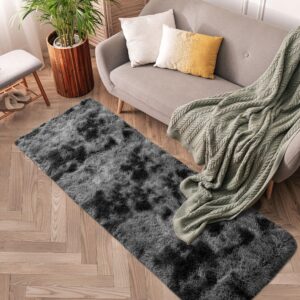 TENNOLA 2x6 Feet Black Rugs for Bedroom Fluffy Runner Area Rug for Living Room Gray Bedroom Rug Soft Fuzzy Shaggy Carpet for Kids Room Dorm Nursery with Non-Slip Bottom