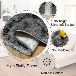 TENNOLA 2x6 Feet Black Rugs for Bedroom Fluffy Runner Area Rug for Living Room Gray Bedroom Rug Soft Fuzzy Shaggy Carpet for Kids Room Dorm Nursery with Non-Slip Bottom