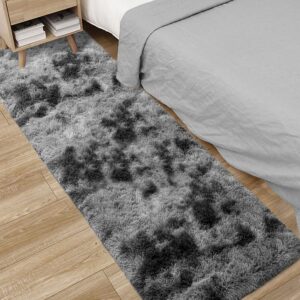 TENNOLA 2x6 Feet Black Rugs for Bedroom Fluffy Runner Area Rug for Living Room Gray Bedroom Rug Soft Fuzzy Shaggy Carpet for Kids Room Dorm Nursery with Non-Slip Bottom