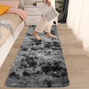 TENNOLA 2x6 Feet Black Rugs for Bedroom Fluffy Runner Area Rug for Living Room Gray Bedroom Rug Soft Fuzzy Shaggy Carpet for Kids Room Dorm Nursery with Non-Slip Bottom