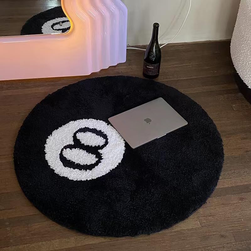 8 Ball Rug Billboard Pool Eight Ball Carpet Hypebeast Rug Cool Round Area Rugs for Bedroom Bathroom Living Room Aesthetic Non-Slip Fluffy Black Rug Alt Room Decor (24in)